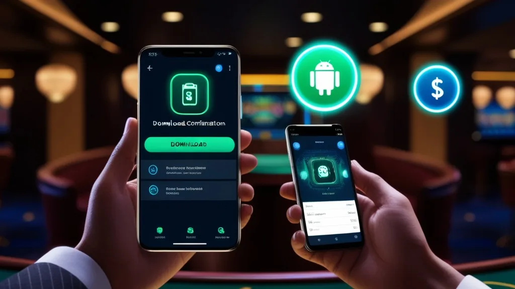Βήματα εγκατάστασης APK σε Android μέσα σε σκοτεινή καζίνο ατμόσφαιρα
